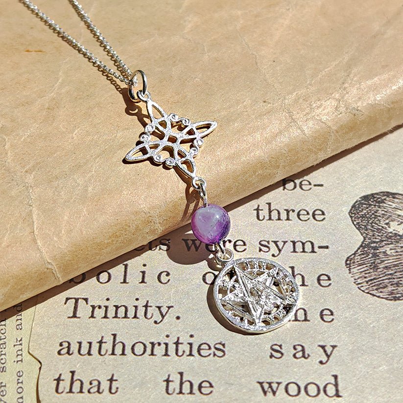 Colgante Nudo de Bruja & Tetragramaton con Bola Amatista S925
