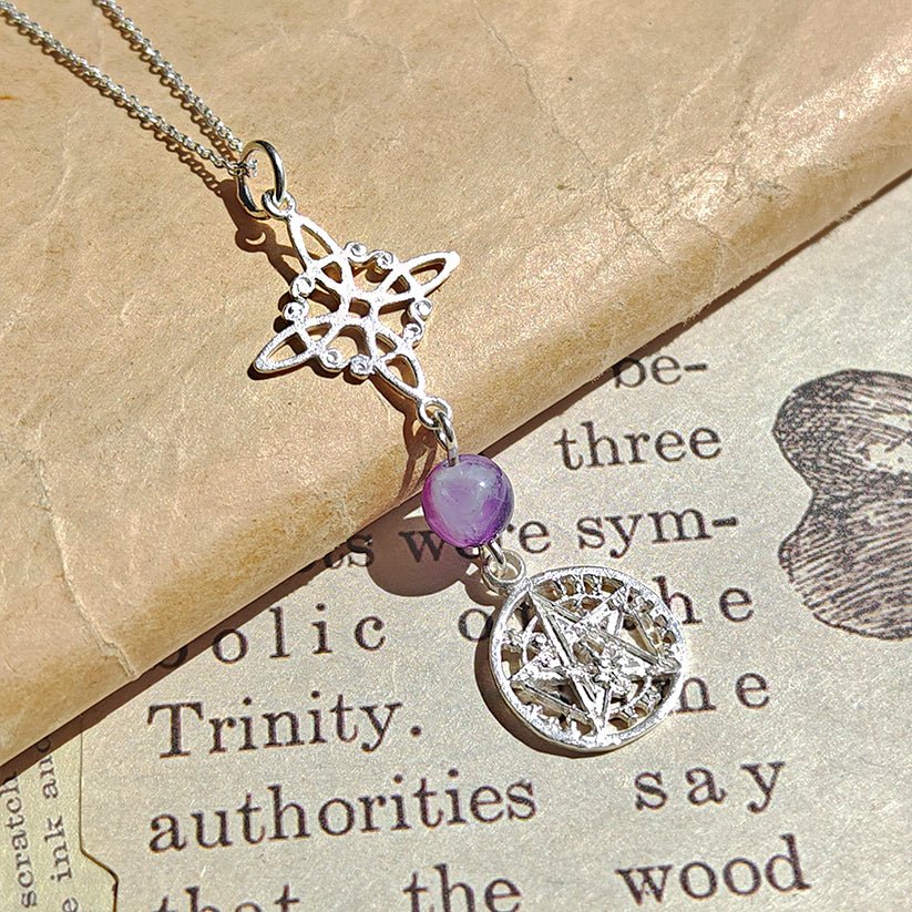 Colgante Nudo de Bruja & Tetragramaton con Bola Amatista S925