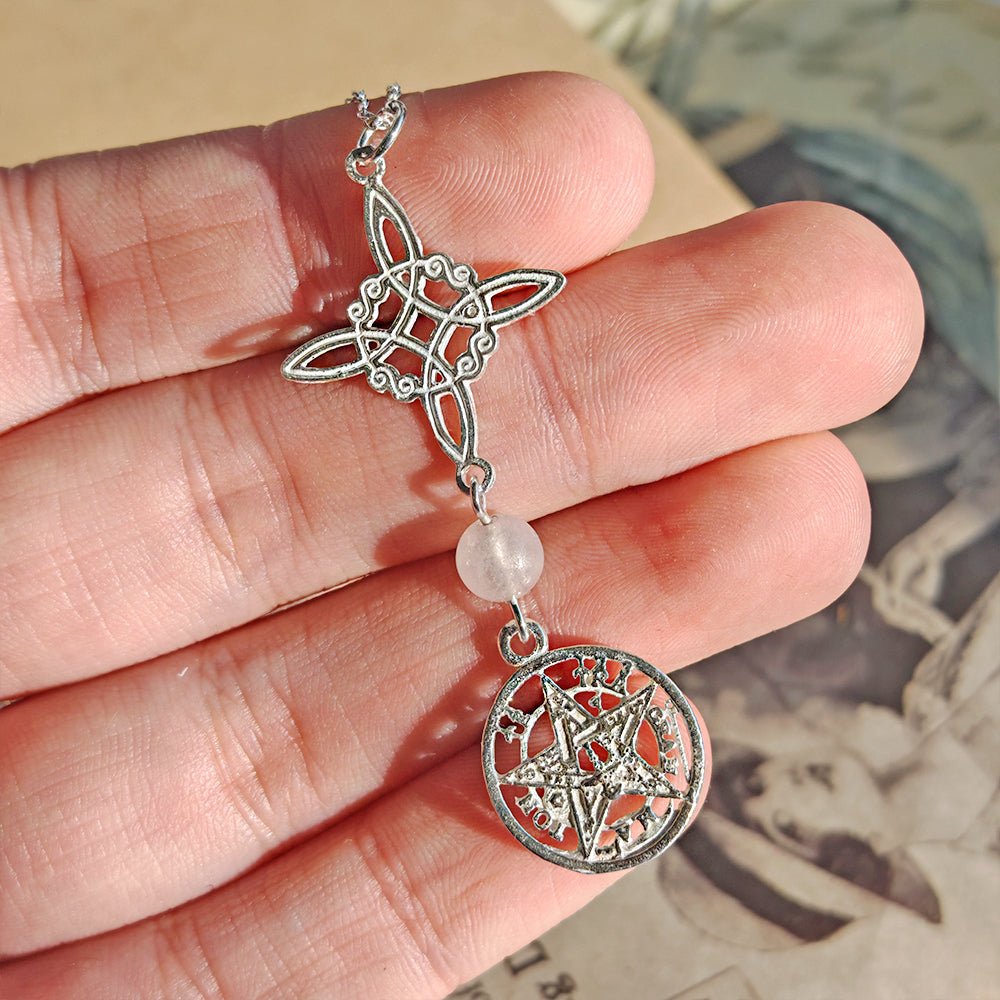 Colgante Nudo de Bruja & Tetragramaton con Bola Cuarzo Rosa - S925