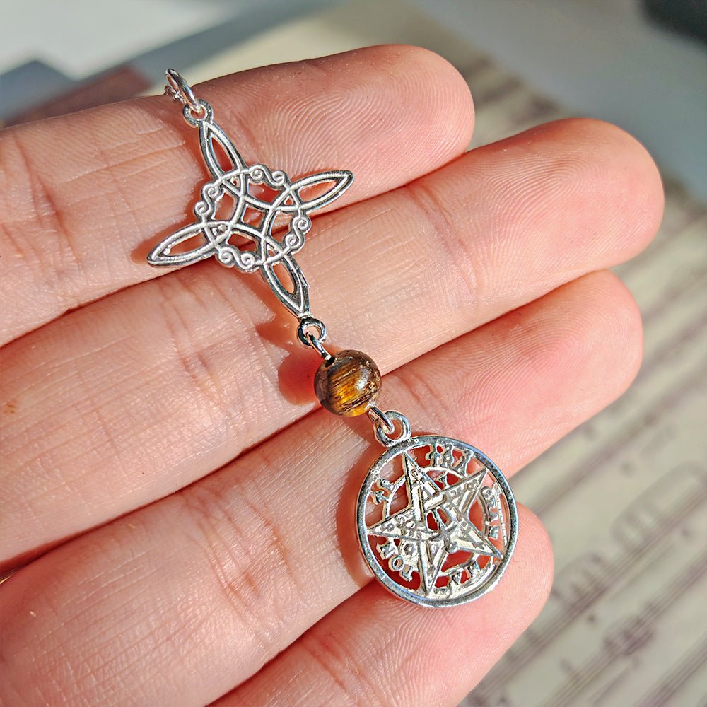 Colgante Nudo de Bruja & Tetragramaton con Bola Ojo de Tigre - S925