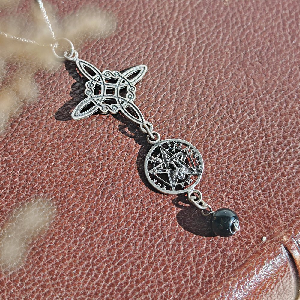 Colgante Nudo de Bruja  & Tetragramaton con Bola Ónix S925 'Finis'