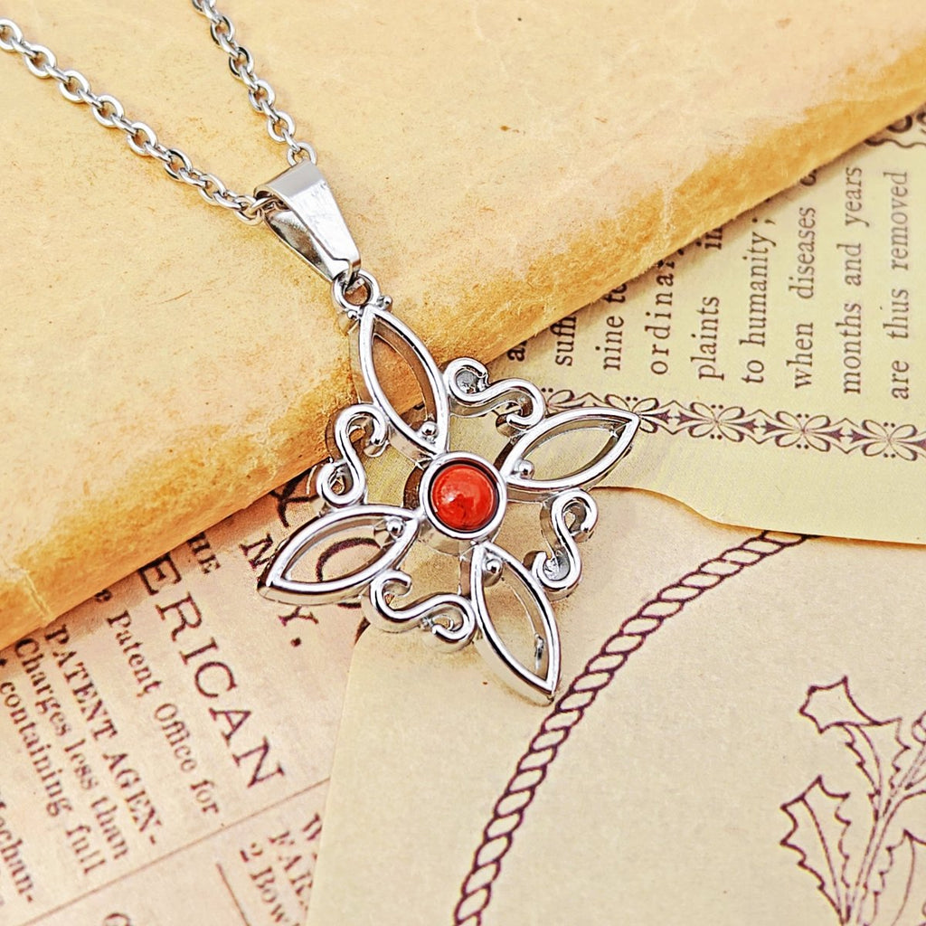 Collar Nudo de Bruja Acero Inox. con Jaspe Rojo