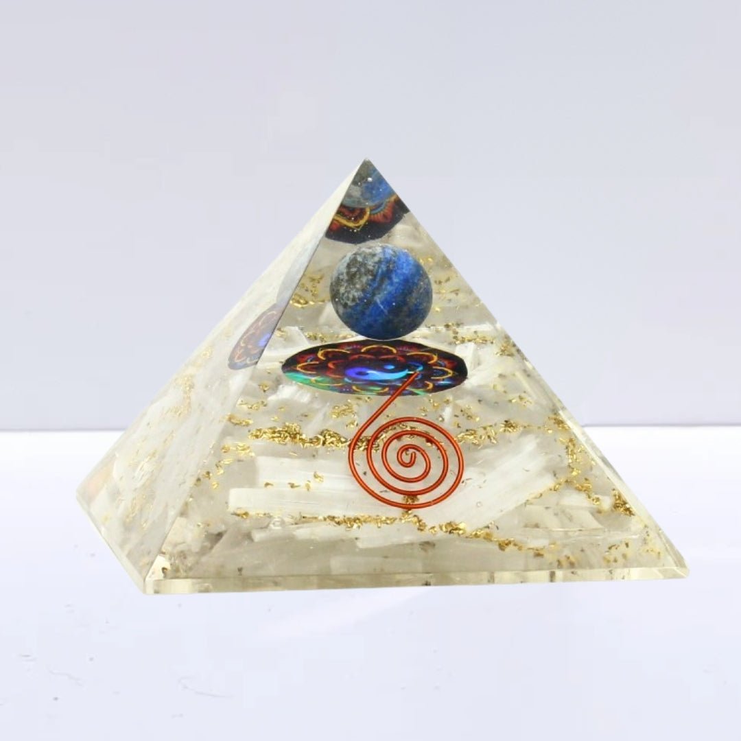 Pirámide Orgonita 'Earth' - Selenita con Esfera de Lapislázuli