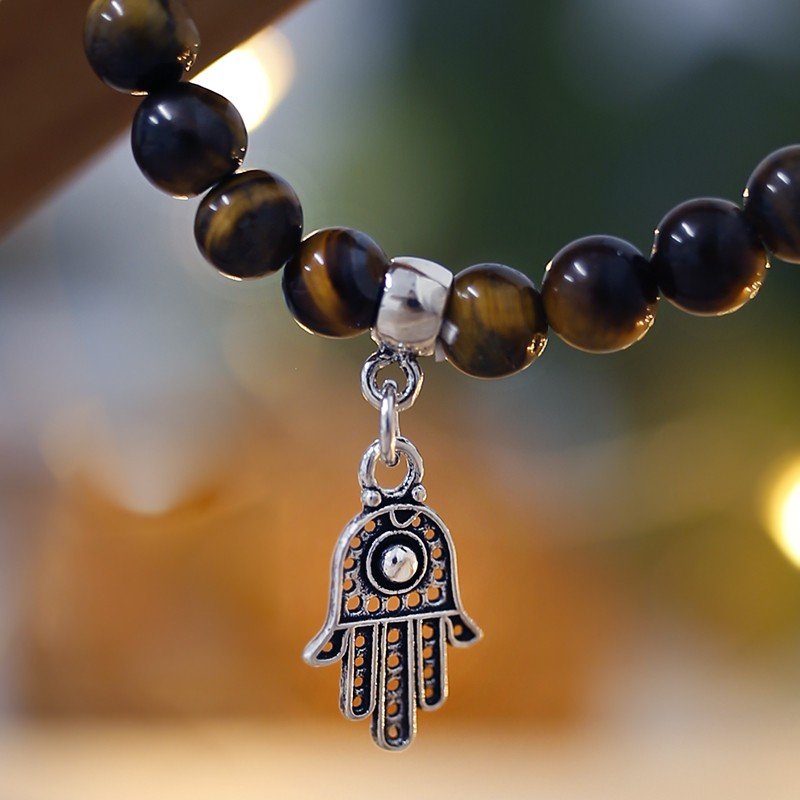 Pulsera de Ágata Negra y Mano de Fátima en Plata de Ley