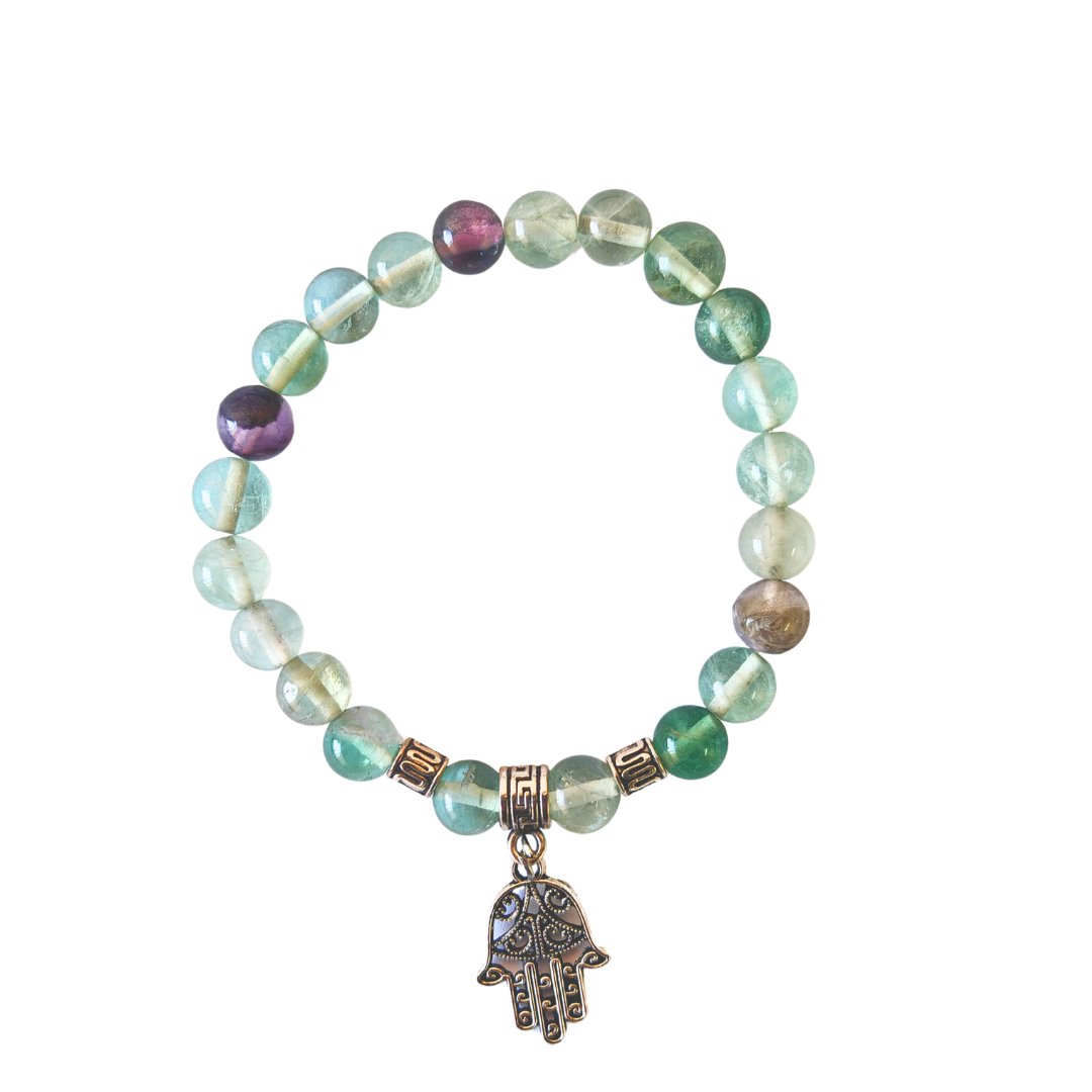 Pulsera de Fluorita  Arcoíris y Mano de Fátima