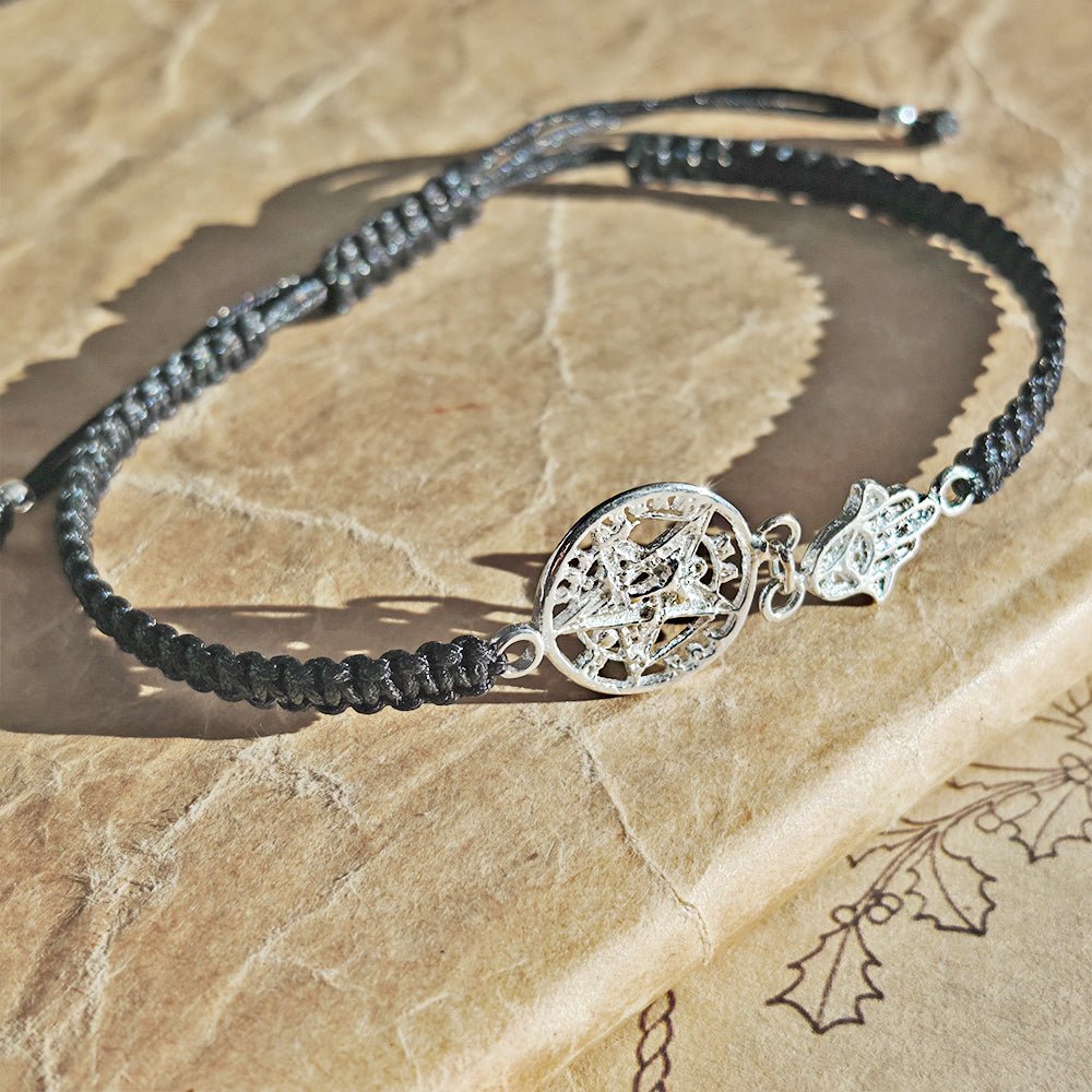 Pulsera Macramé con Tetragramaton y Mano de Fátima S925