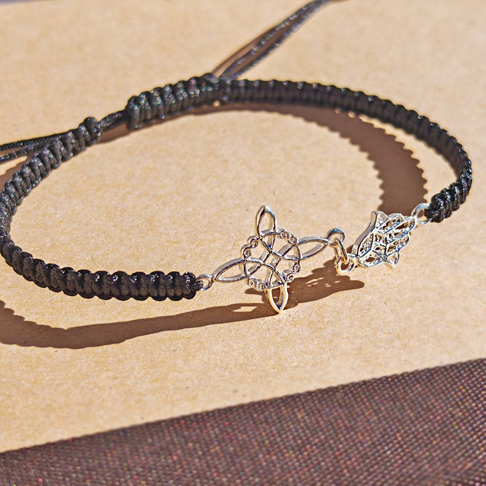 Pulsera Macramé Mano de Fátima y Nudo de Bruja - Plata de ley 925