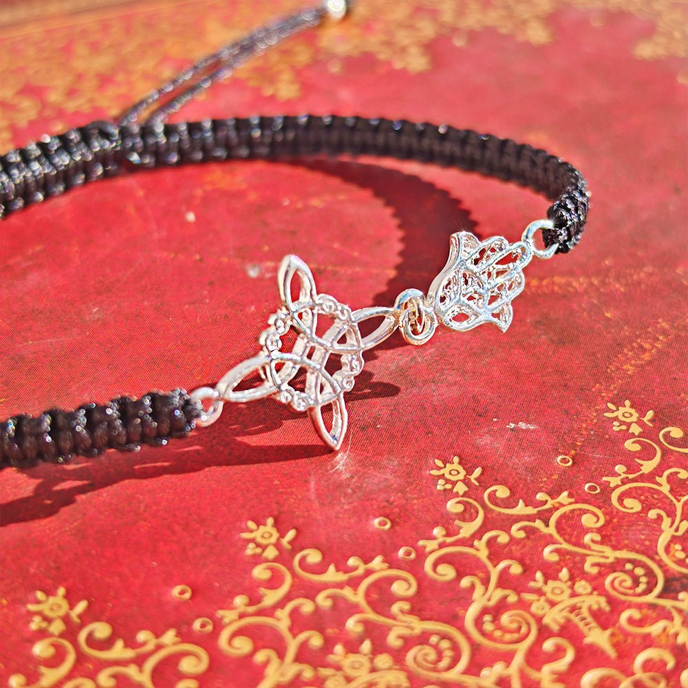 Pulsera Macramé Mano de Fátima y Nudo de Bruja - Plata de ley 925